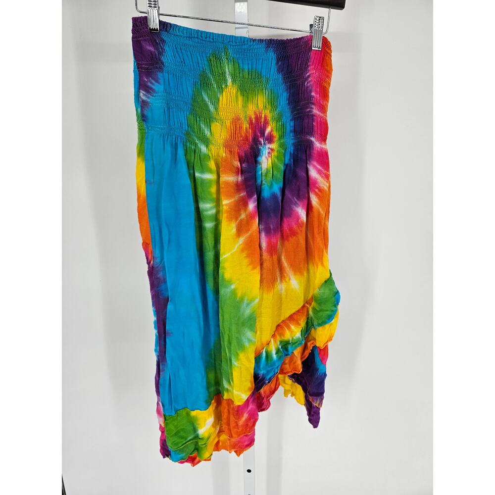 Peaceful People Womens Sz L Strapless Mini Dress Tube Top Rainbow Tie Dye Boho